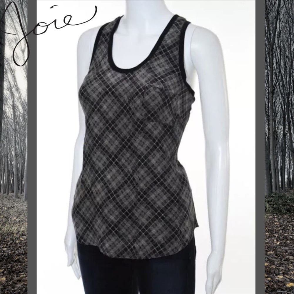 JOIE Cute Black/Beige Scoop Silk Checkered Top